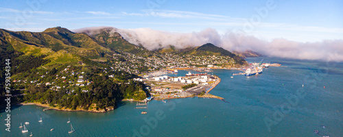 aerial panorama of cass bay, corsair bay, pony point and lyttelton, beautiful coast of new zealand south island, canterbury, christchurch area