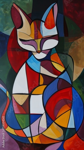 Colorful Abstract Cubist Painting of a Cat