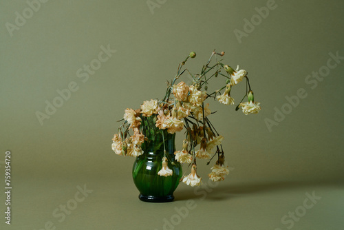 bouquet of wilted carnations in a vase photo