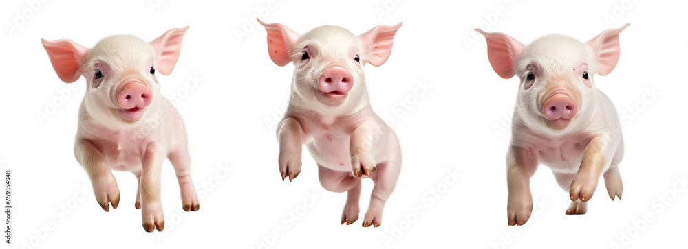 Fototapeta premium Set of 3 Baby pigs piglets , playful and funny, isolated on transparent background