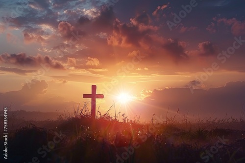 Easter Awakening: Vibrant Sunrise Colors Illuminate the Cross, Symbol of New Beginnings