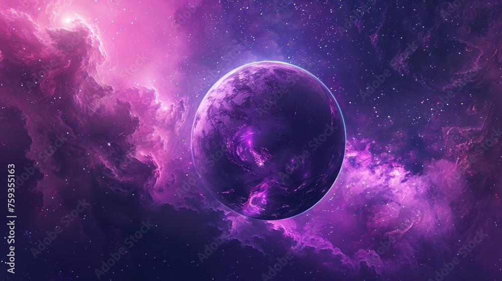 Purple planet in a starry space nebula