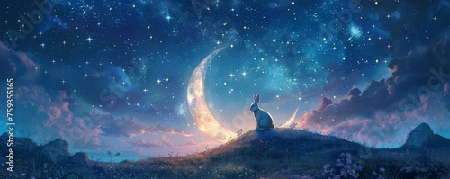 Moonlit Whispers and Easter Wishes: A Serene Bunny's Starry Night Vigil © aicandy