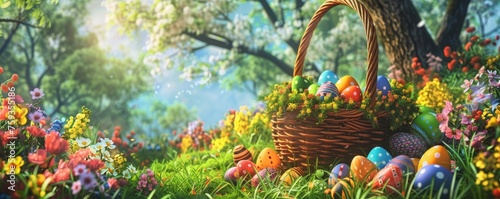 An Enchanting Easter Feast  A Basket Brimming with Colorful Eggs  Confections  and Blooms in a Vibrant Spring Setting