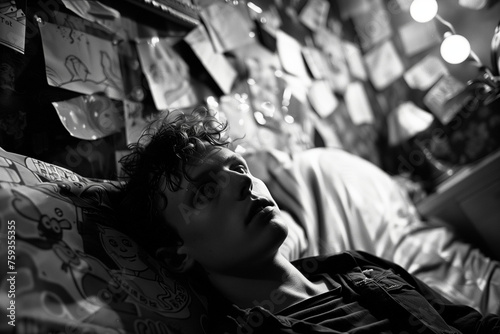 Young Man Lying in Bed Bedroo Black and White Posters on the Wall Contemplative