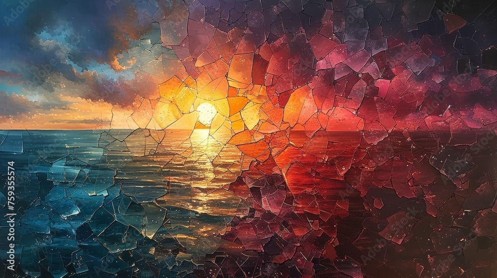 Abstract shattered glass effect on seascape at sunset - obrazy, fototapety, plakaty 
