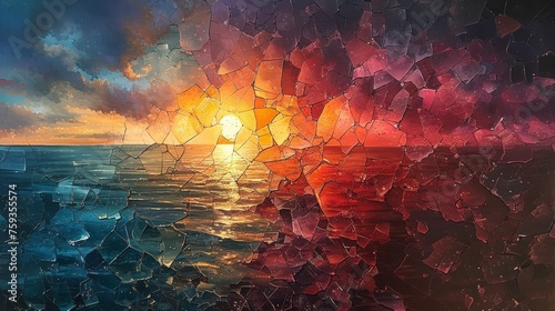 Abstract shattered glass effect on seascape at sunset photo