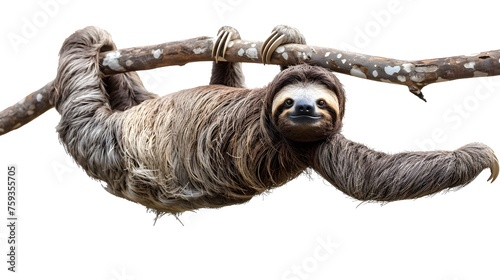 A sloth hanging on a tree branch isolated on a white background