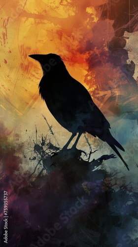 Silhouette of a crow on abstract colorful background