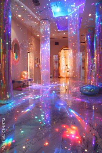 Vibrant purple, magenta, and electric blue lights in a visually stunning room