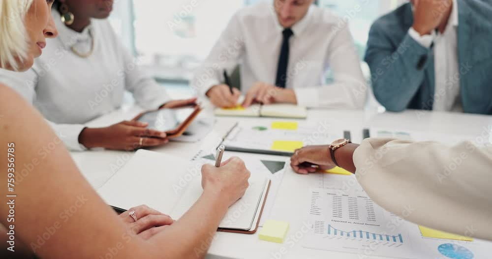 Business people, hands and meeting with paperwork for finance, growth or statistics at the office. Closeup of employees in team discussion with documents, writing or financial planning at workplace