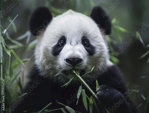 Close-up of a panda s face eating bamboo