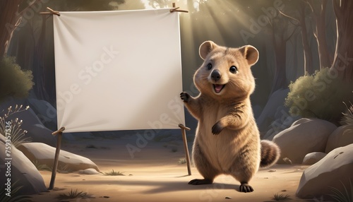  A cute Quokka holding a empty banner firlmy by hands for the purpose of custom writing later on