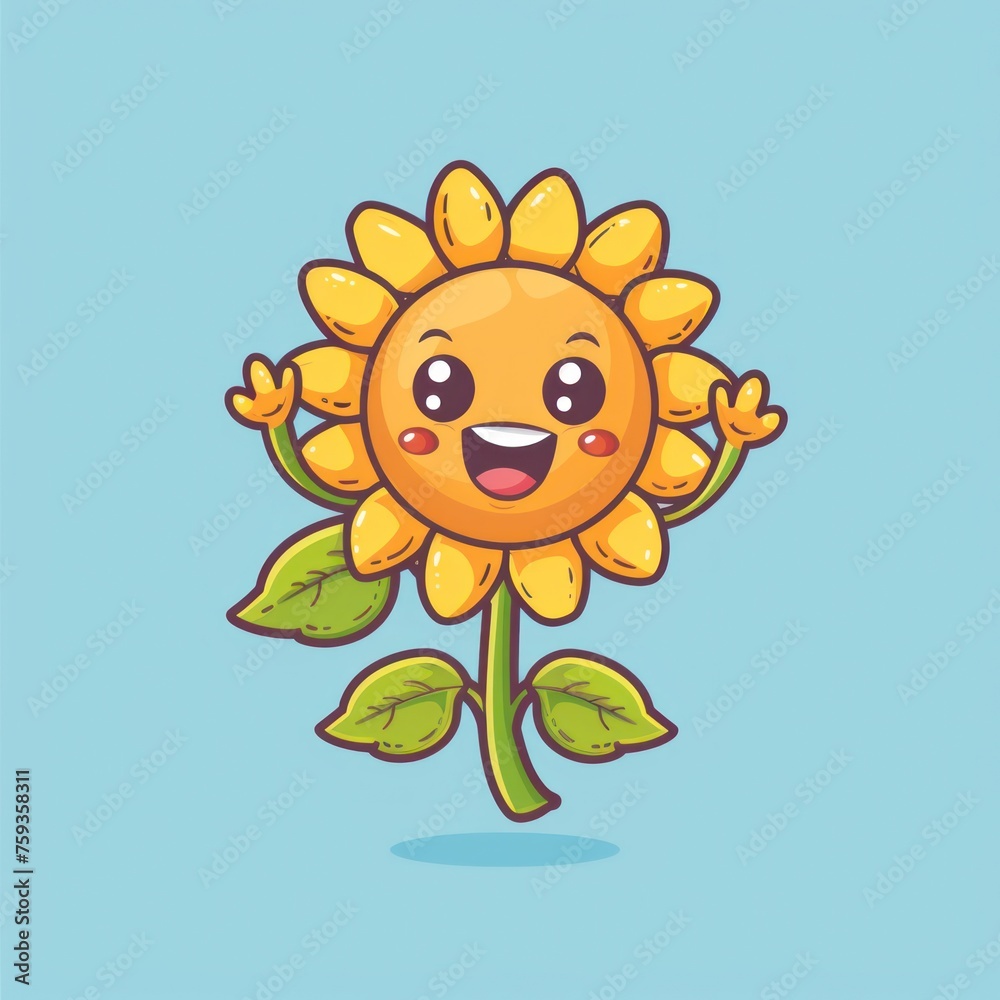 Obraz premium Cute Sunflower Smiling Chibi Emote. Flat Simple Design