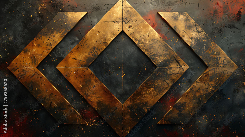 Golden Diamond Symbol on Ancient Black Background. Loading Screen concept. - obrazy, fototapety, plakaty 
