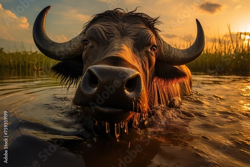 Close-Up of Water Buffalo in River at Sunset.  © kmmind