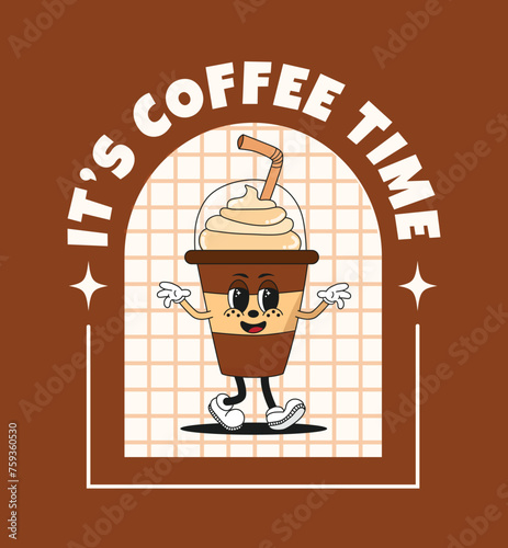 Banner or poster with coffee character in retro groovy style. Trending vector illustration with cup of coffee. For delivery, cafes and restaurants. It's Coffee Time.