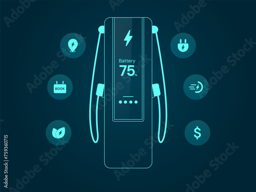 Electric vehicle charging station or EV Car Charger digital hologram interface with Electric Car Icons vector design concept. EV Charging interface vector for ui, web, EV business, infographic, ads.