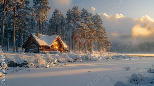 Winter landscape with house and beautiful sunset. © Eliz