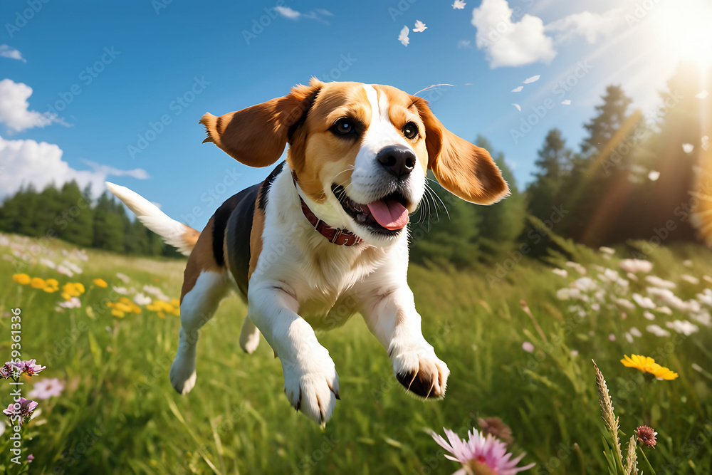 A beagle flying in the meadow. Generative AI A beagle flying in the meadow. Generative AI