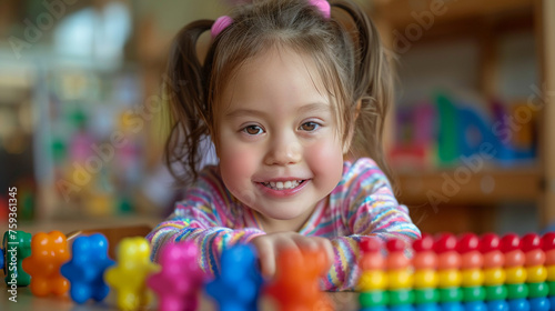 Joyful little girl with Down syndrome engaged in Montessori activities colorful toys