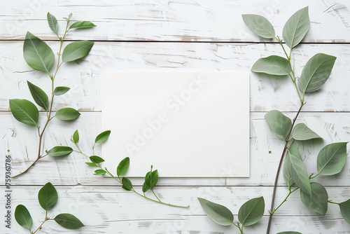 A mockup scene of an A5 white card surrounded by vibrant green leaves on a textured white wooden table photo