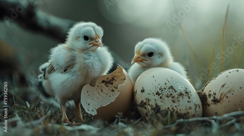 Hatched chicks next to their broken egg shells in the spring
