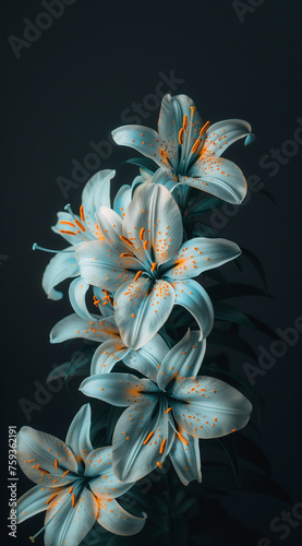 A cluster of light blue lilies with orange freckles stands out against a moody, dark background