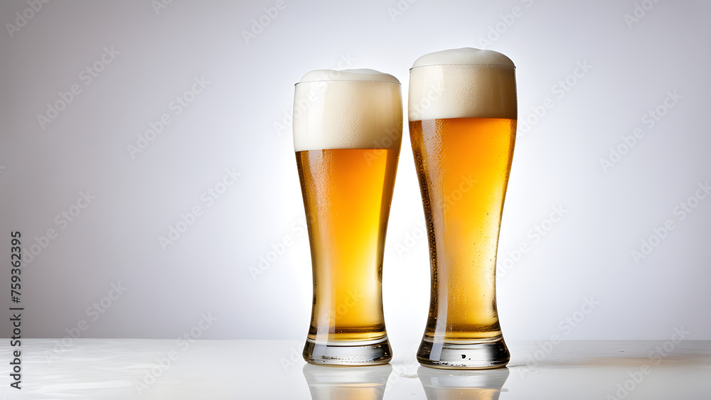 Image of beer in a cold glass on white background. generative AI. Image of beer in a cold glass on white background. generative AI.