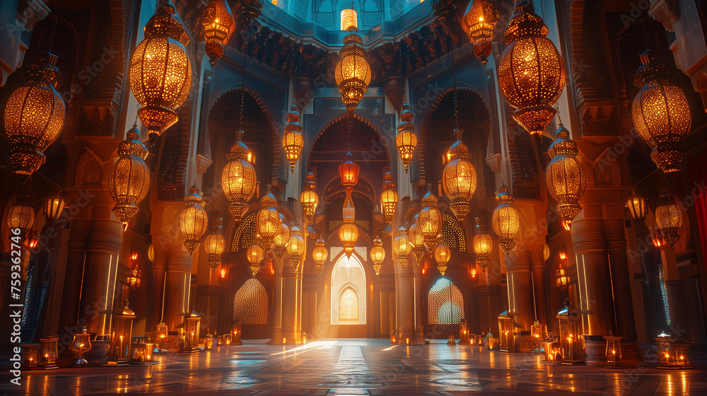 Obraz premium Islamic arabic lantern with burning candle background for ramadan