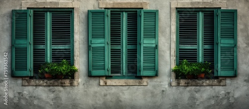 Fragment of windows with green shutters as a design element