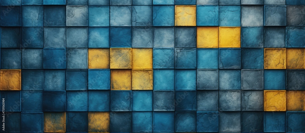 Textured tile background in blue and yellow for use as wallpaper
