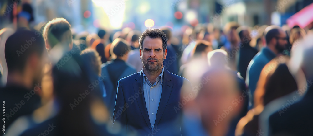 Determined Man Stands Focused in Crowd, A Portrait of Resolve and Individual Strength