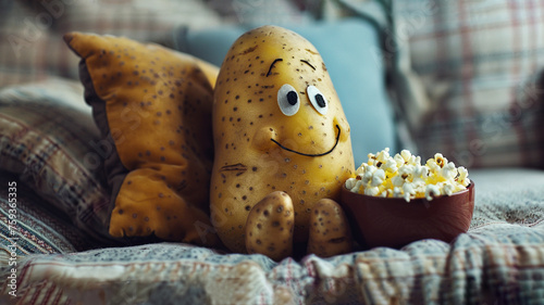 Funny Illustration of a couch potato watching television while enjoying a bowl of popcorn.