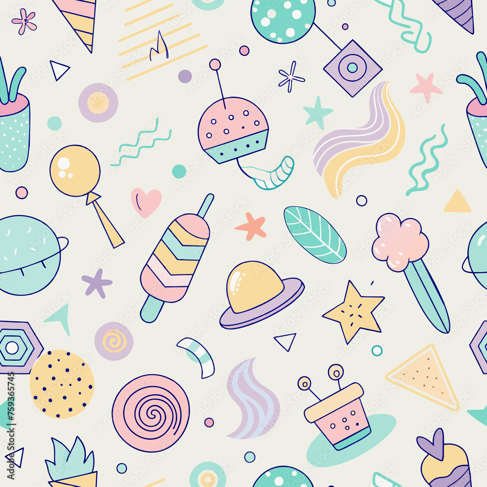 Sweets Seamless Pattern Design for Birthday Celebration and Parties with Cake, Candy, Flowers, and Fun Icons