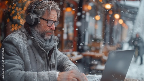 A serene, focused 45-year-old man with a light beard and glasses, dressed in casual grey attire, deeply immersed in his work on a laptop in a brigh