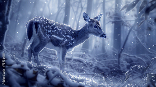 Amidst the icy embrace of the winter woods, a noble deer stands bathed in the soft glow of moonlight, its coat shimmering with hues of silver and gray. The    photo