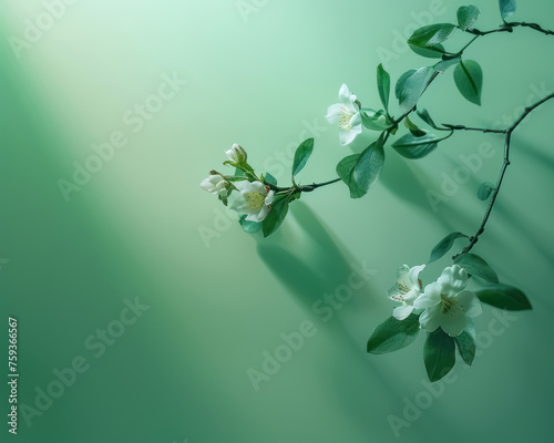 springtime serenity with blossoming branches, on vibrant green background