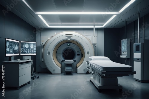 Modern and functioning medical screening technology at room with MRI equipment. Postproducted generative AI digital illustration.