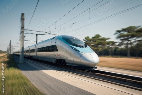 Modern high speed train on a clear day with motion blur. Generative AI.