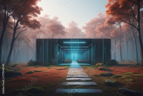 AI data center nestled within, untouched forest. Minimalist design symbolizing the delicate balance between technological advancement and environmental preservation. Banner. Generative Ai content.