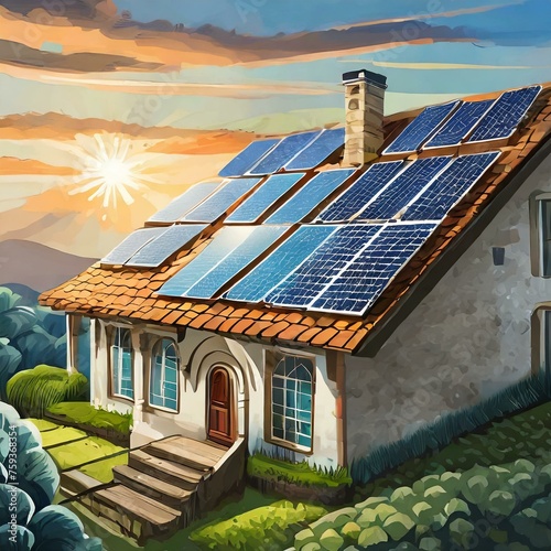 Ilustração de painéis solares no telhado de uma casa. Painel solar, Placa solar, Energia.  photo