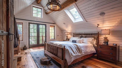 Vaulted ceiling with skylights in farmhouse. Interior design of modern rustic bedroom.  photo