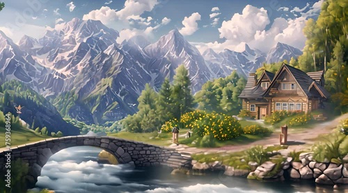 Alpine Cottage with Mountain Backdrop with AI generated.
