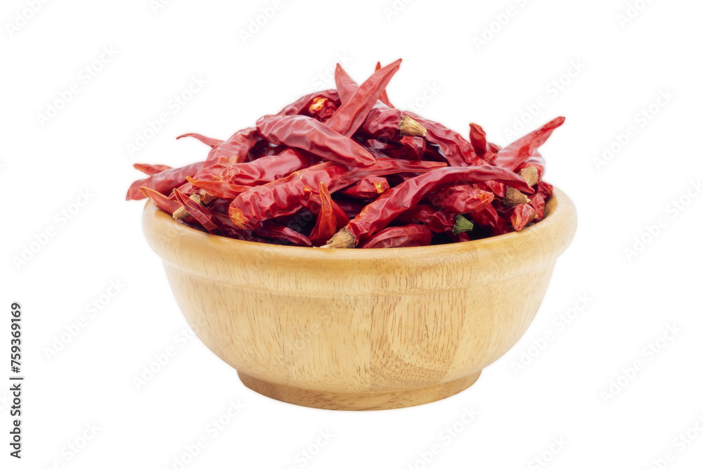 Red chilies in a wooden bowl isolated on clipping path background Red chilies in a wooden bowl isolated on clipping path background