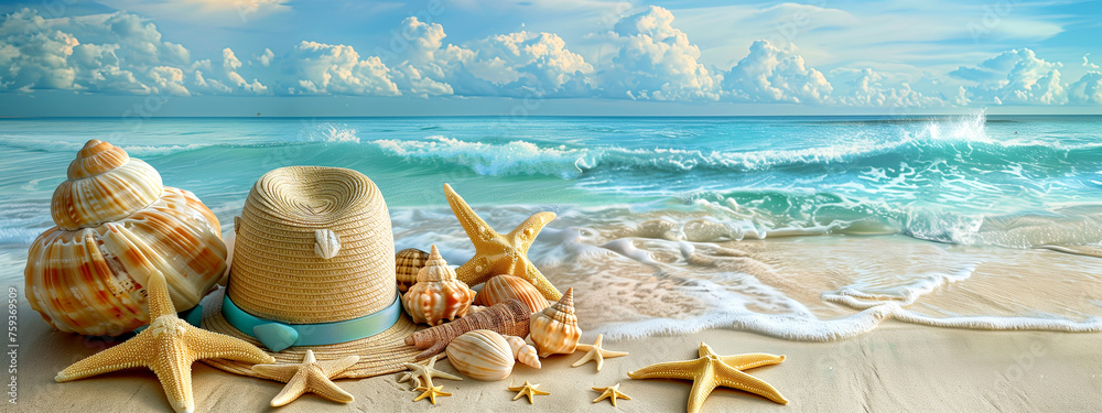 Beach Scene with Starfish, Seashells and Hat - obrazy, fototapety, plakaty 