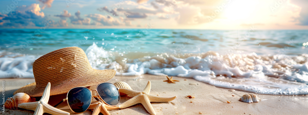 Beach Scene with Starfish, Seashells and Hat - obrazy, fototapety, plakaty 