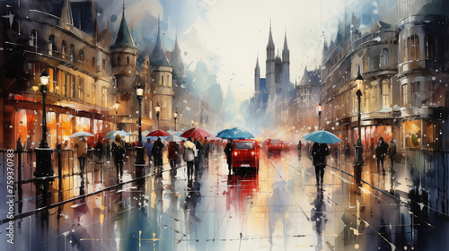 Capturing the essence of a rainy city street, the watercolor illustration portrays pedestrians under umbrellas amidst the comforting glow of street lights.