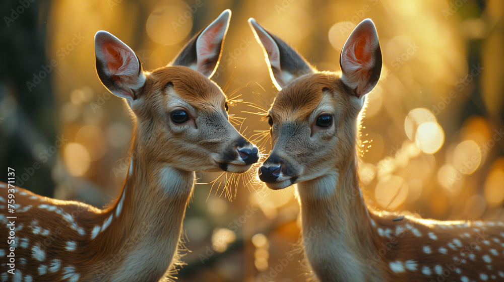 Amidst the softening hues of dusk, a serene forest witnesses a tender moment between two fawns, as they share an affectionate gaze, encapsulating the essence of nature's tranquility. 