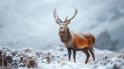 A magnificent red deer stands alert amidst a light snowfall  with a backdrop of muted winter tones. Majestic Red Deer in Light Winter Snowfall.